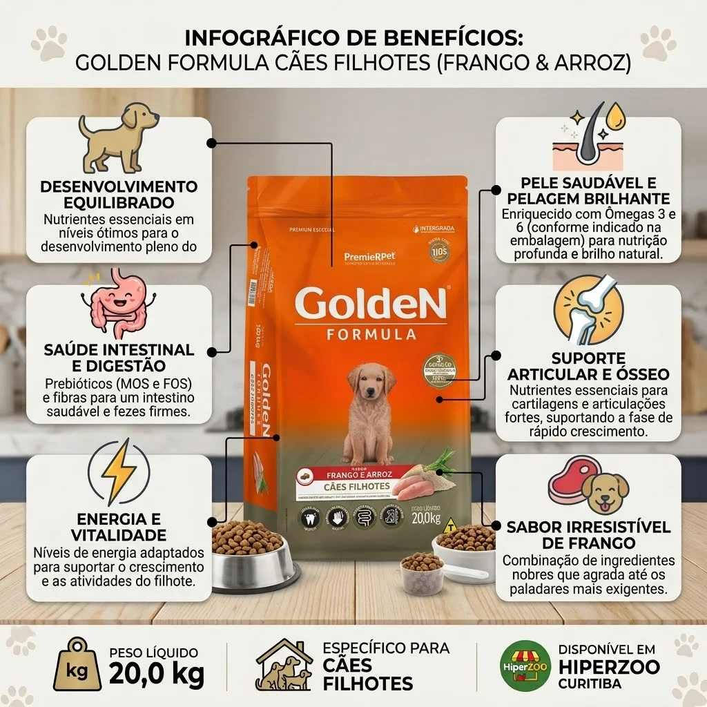 Ração GoldeN Formula para Cães Filhotes Sabor Frango & Arroz 20Kg - imagem 2