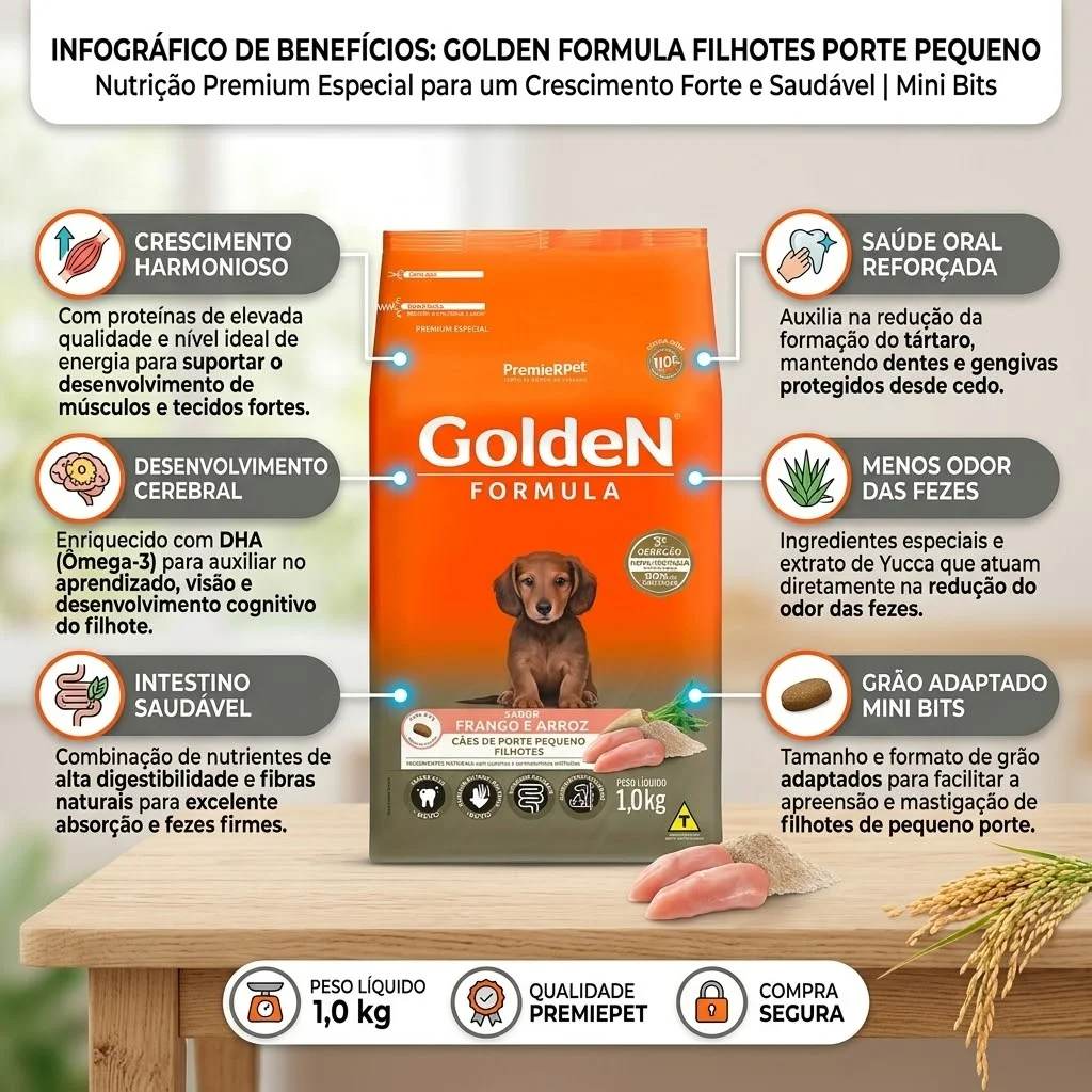 Ração GoldeN Formula Mini Bits Cães Filhotes Porte Pequeno Sabor Frango e Arroz 1Kg - imagem 2