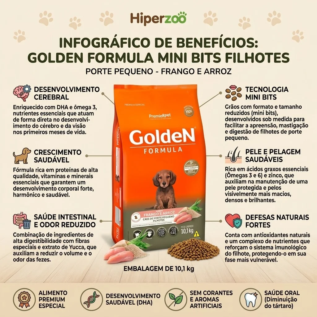 Ração GoldeN Formula Mini Bits Cães Filhotes Porte Pequeno Sabor Frango e Arroz 10,1Kg - imagem 2
