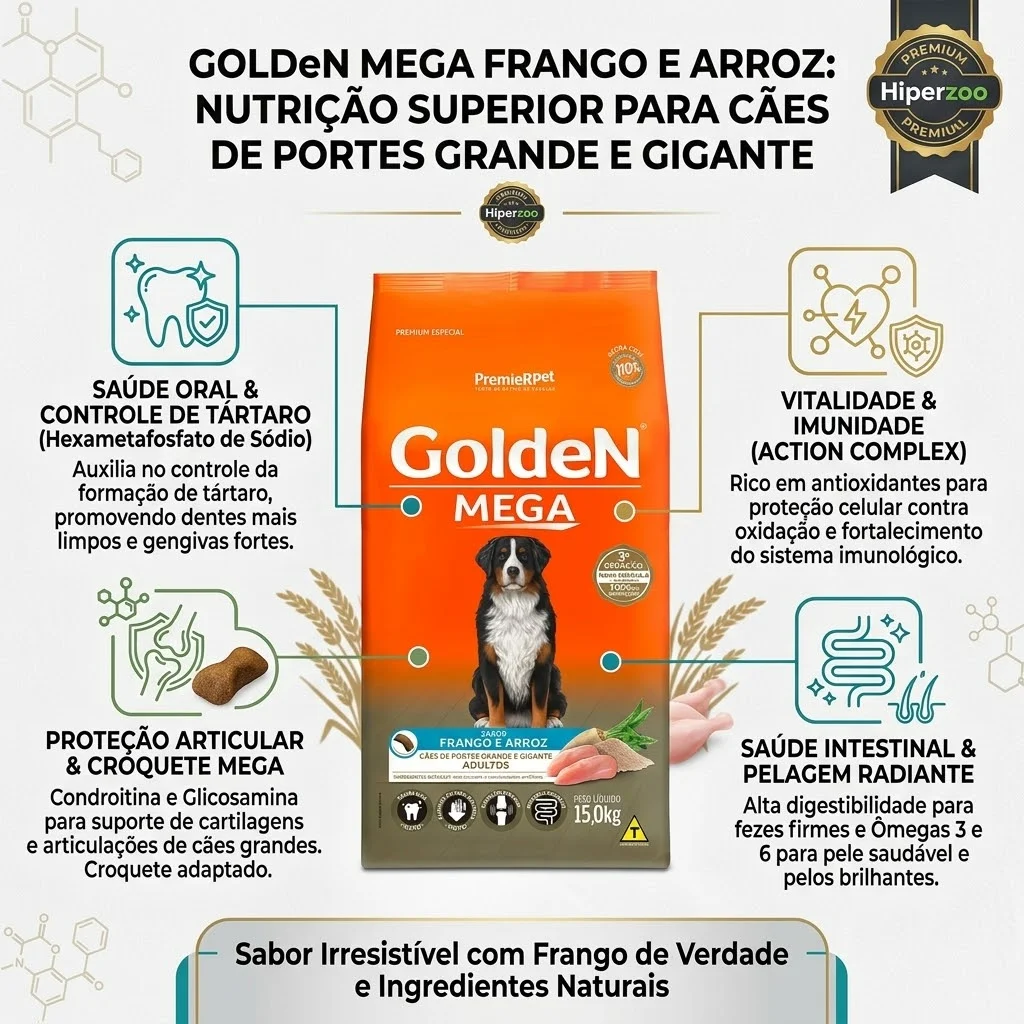 Ração GoldeN Mega para Cães Adultos de Porte Grande e Gigantes Sabor Frango e Arroz 15Kg - imagem 2