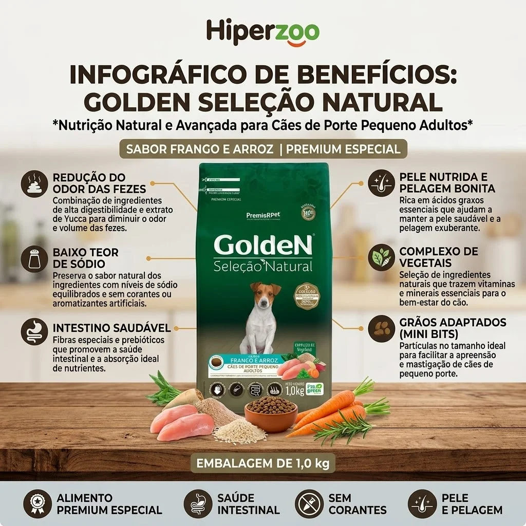  Ração GoldeN Seleção Natural Mini Bits para Cães Adultos Porte Pequeno Frango e Arroz 1Kg - imagem 2