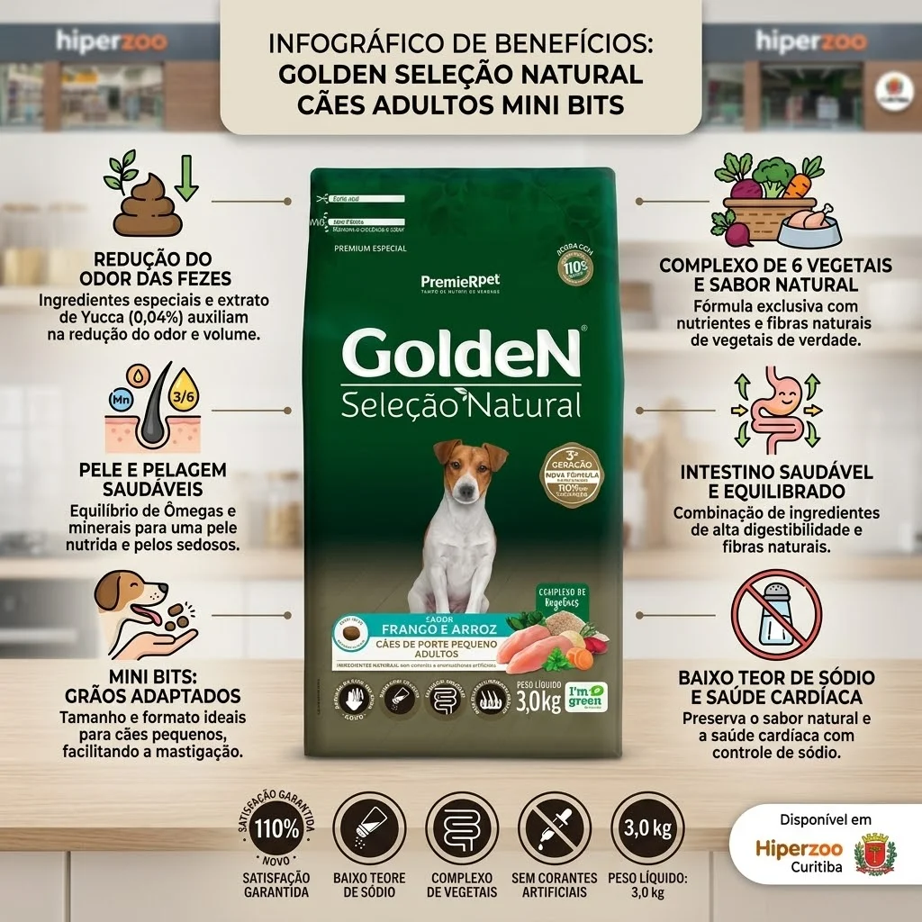  Ração GoldeN Seleção Natural Mini Bits para Cães Adultos Porte Pequeno Frango e Arroz 3Kg - imagem 2