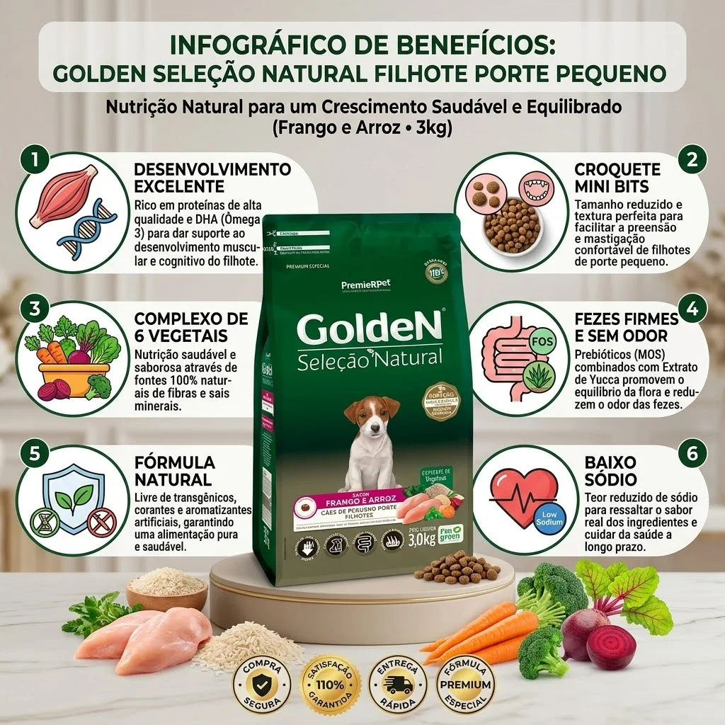 Ração GoldeN Seleção Natural Mini Bits para Cães Filhotes de Porte Pequeno Sabor Frango e Arroz 3Kg - imagem 2