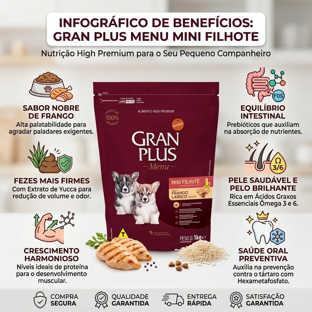 Ração GranPlus Menu Para Cães Filhotes Raças Pequenas Sabor Frango e Arroz 1Kg - imagem 2