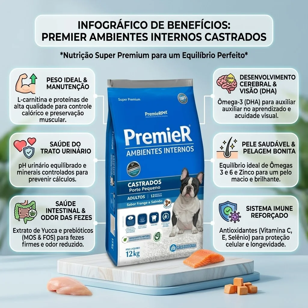 Ração PremieR Ambientes Internos Cães Adultos Porte Pequeno Sabor Frango e Salmão Castrados 12Kg - imagem 2