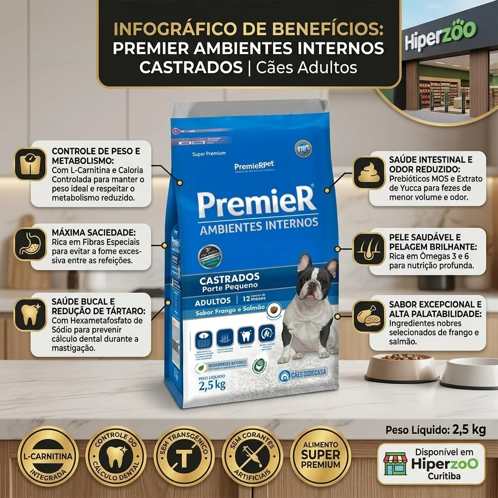 Ração PremieR Ambientes Internos Cães Adultos Porte Pequeno Sabor Frango e Salmão Castrados 2,5Kg - imagem 2