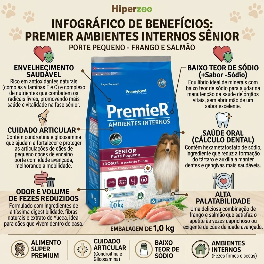 Ração PremieR Ambientes Internos Cães Senior Porte Pequeno Sabor Frango e Salmão 1Kg - imagem 2