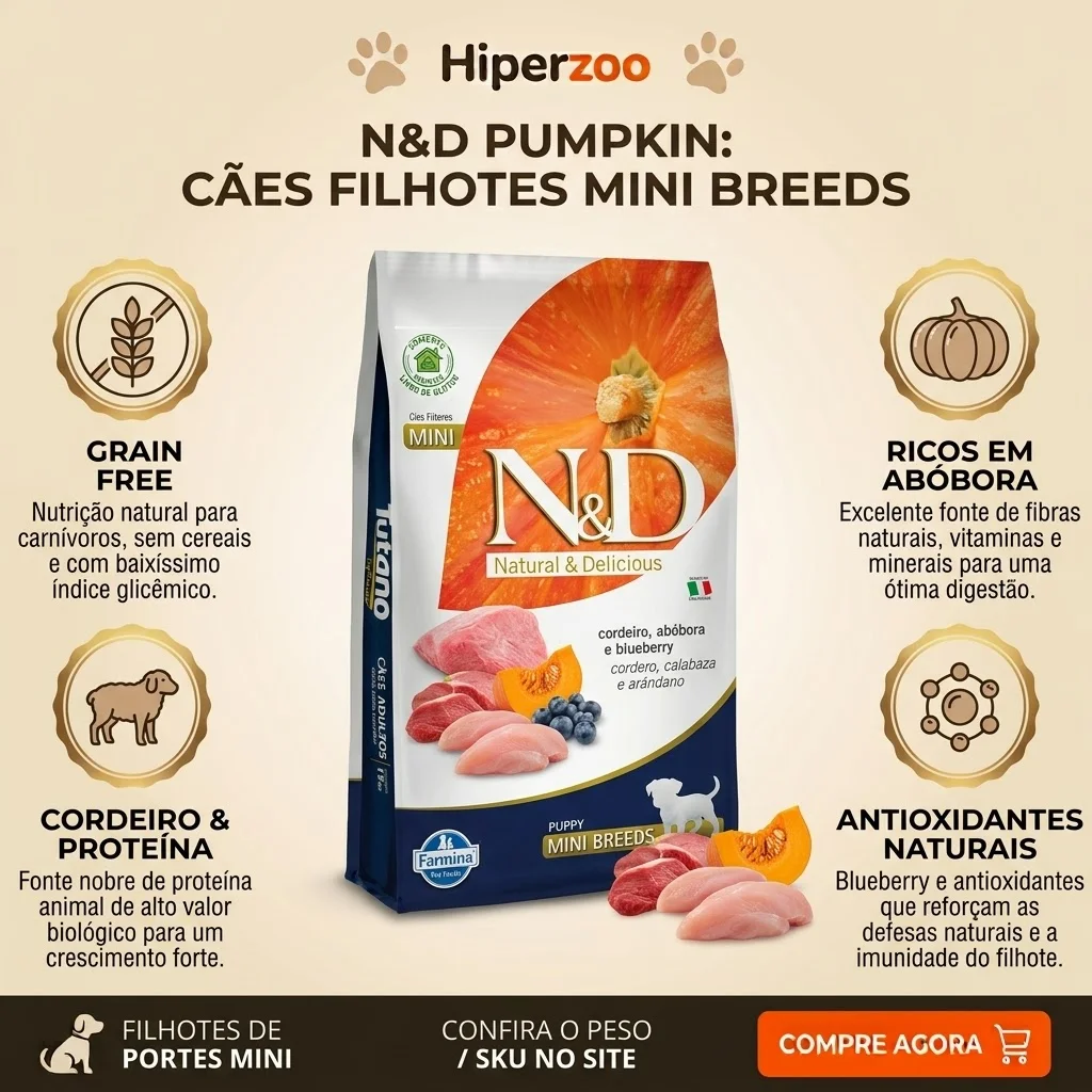Ração N&D Pumpkin Puppy para Cães Filhotes de Raças Pequenas: Sabor Cordeiro e Blueberry - 800g - imagem 2
