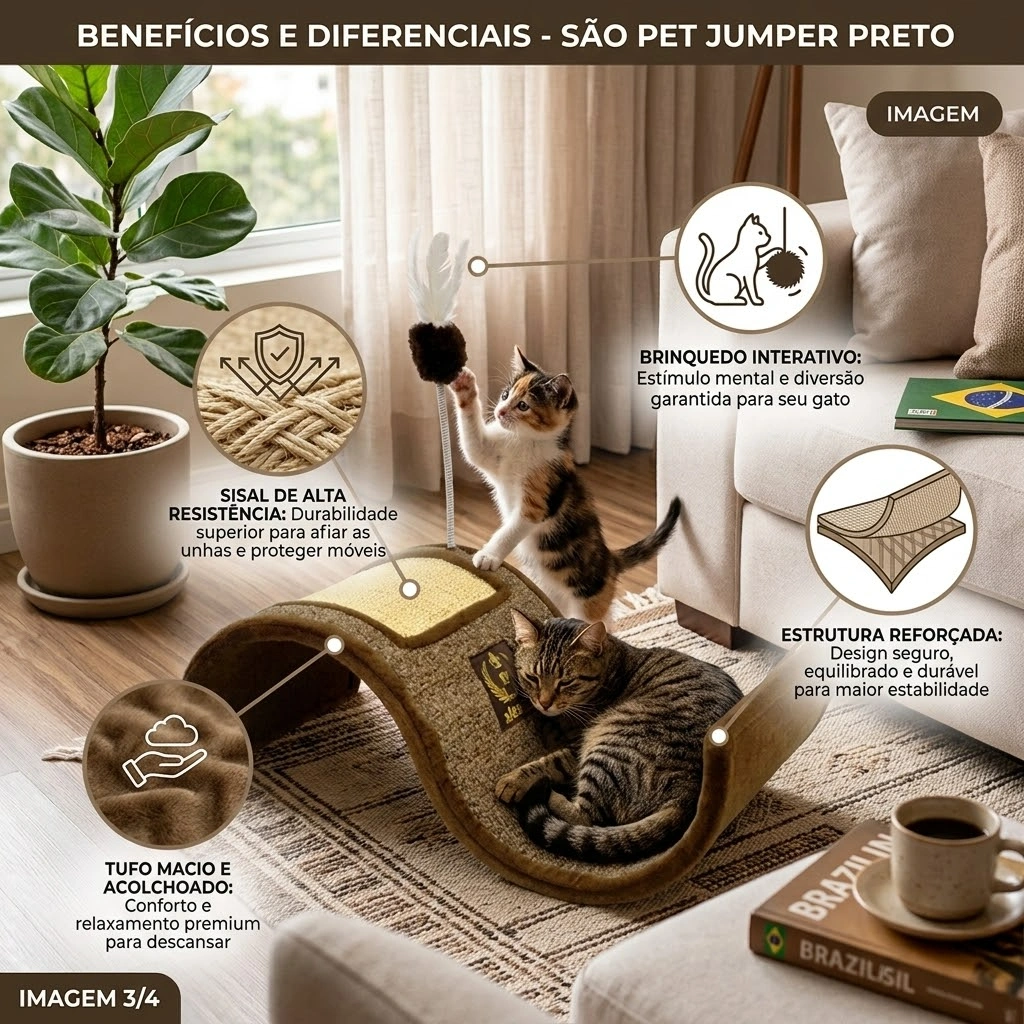 Arranhador Curvo Carpete e Sisal Marrom Para Gatos  - imagem 3