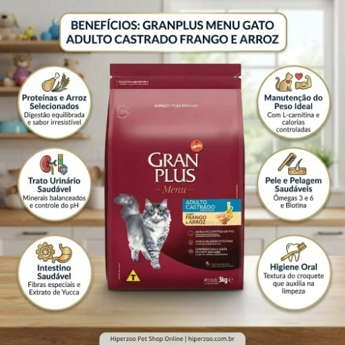 Ração GranPlus para Gatos Castrados Sabor Frango e Arroz 3Kg - imagem 2