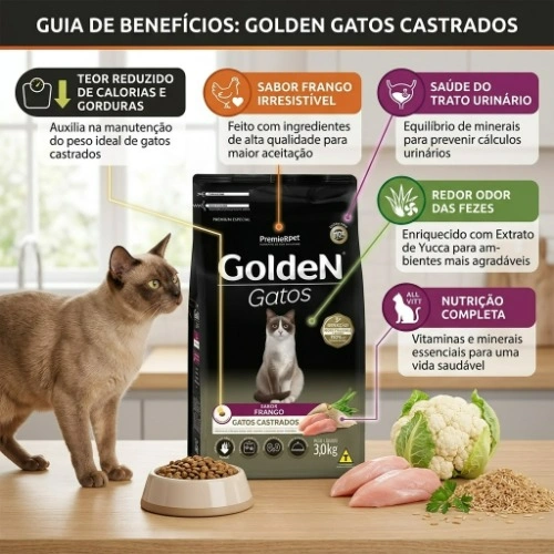 Ração GoldeN para Gatos Castrados Sabor Frango 3Kg - imagem 2