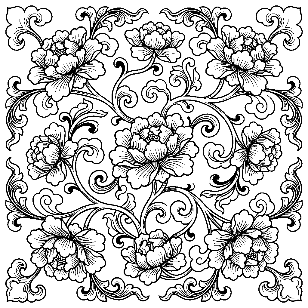 Chinese Cloud & Peony Scroll laser engraving Style DNA reference