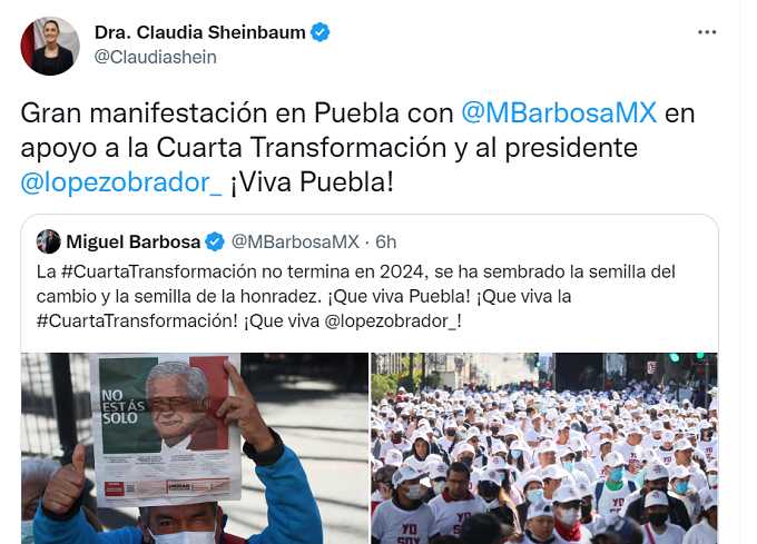 Sheinbaum reconoce marcha de 100 mil personas de Barbosa en Puebla