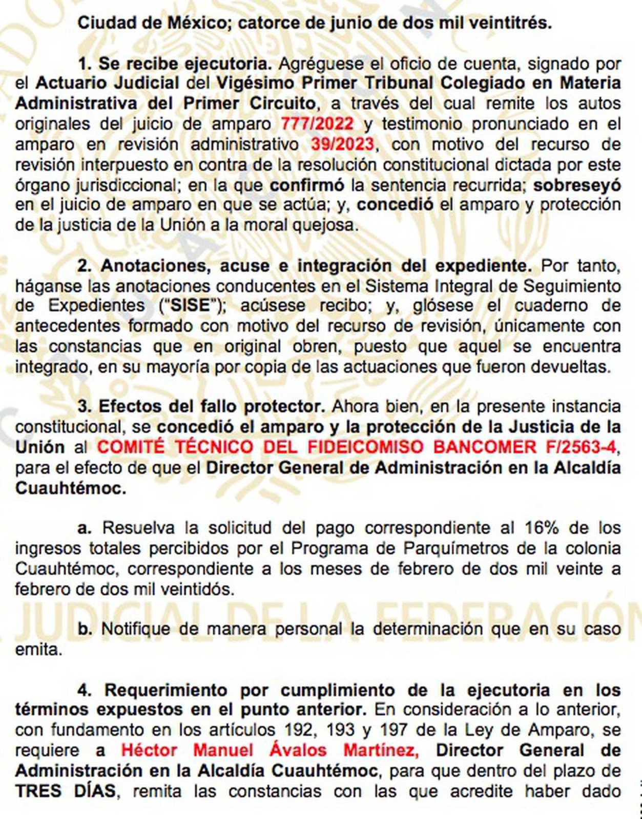 Fallo del Juzgado Decimoquinto de Distrito en Materia Administrativa en la Ciudad de México
