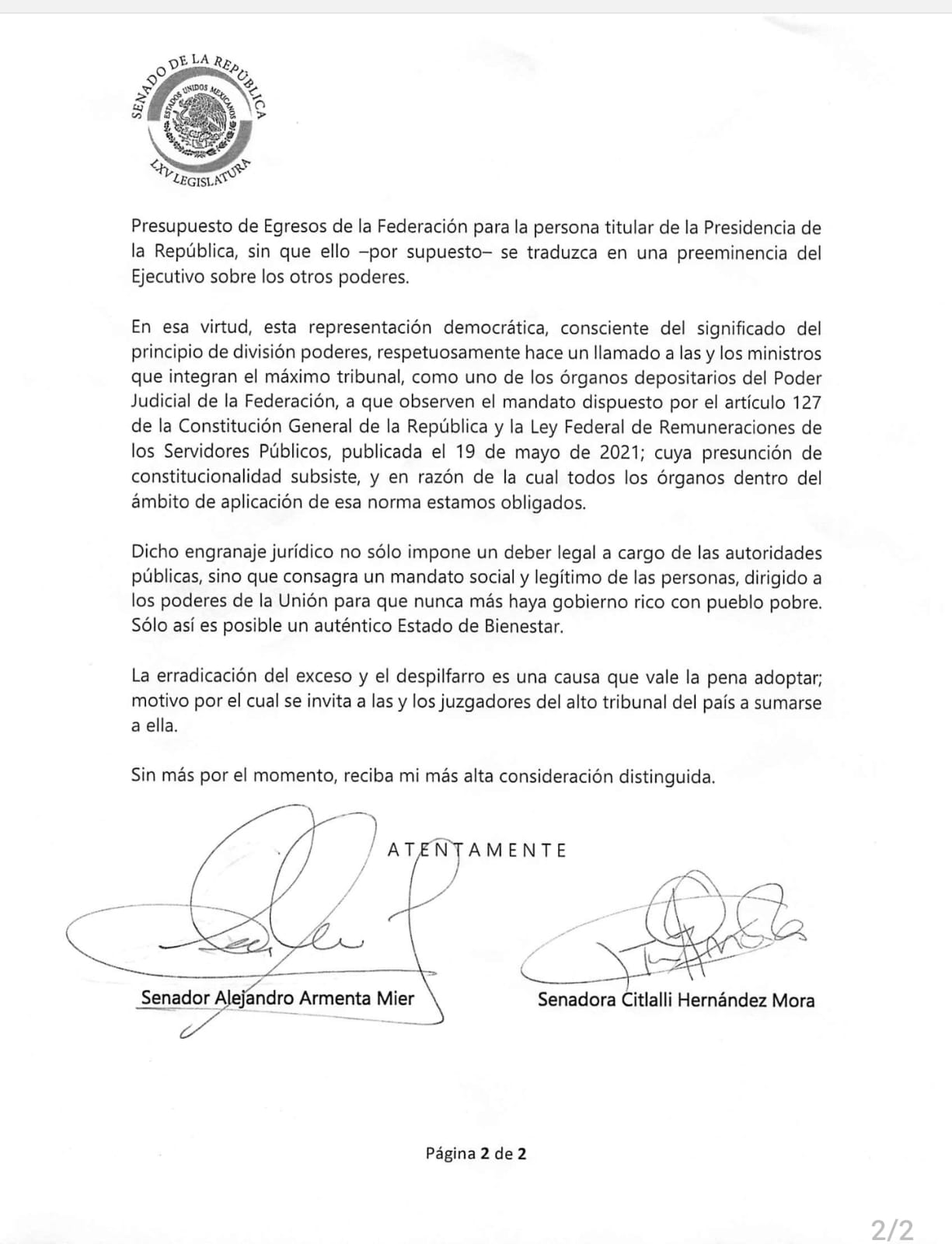 Alejandro Armenta y Citlali Hernández piden respeto a la Ley de Remuneraciones por parte de los ministros de la SCJN 
