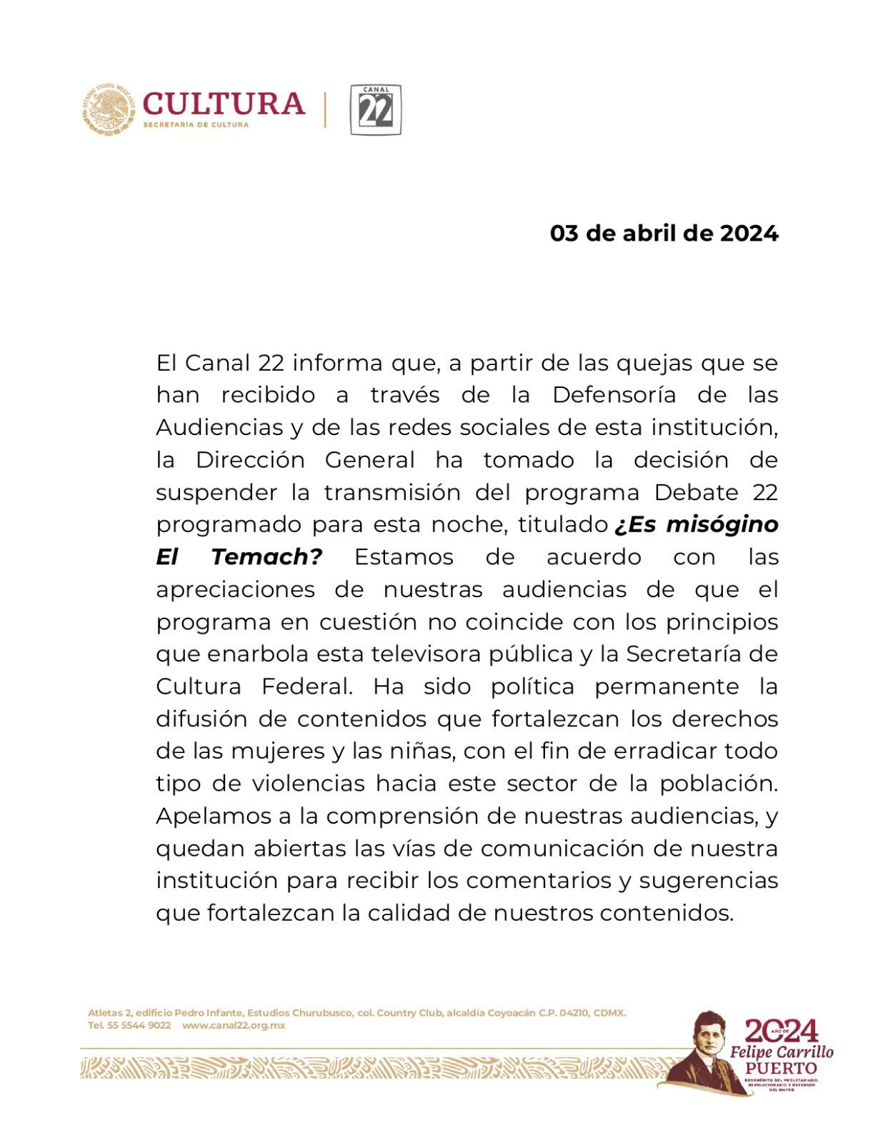 Canal 22 suspende el programa con "El Temach", influencer conocido por discursos misóginos