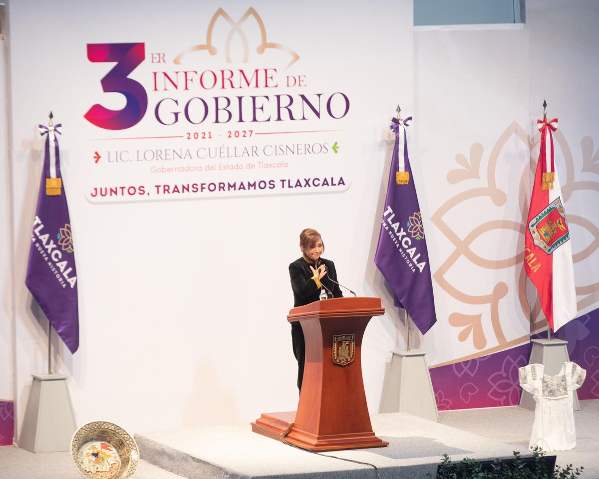La gobernadora de Tlaxcala, Lorena Cuéllar Cisneros, rindió su Tercer Informe de Gobierno. Foto: Especial