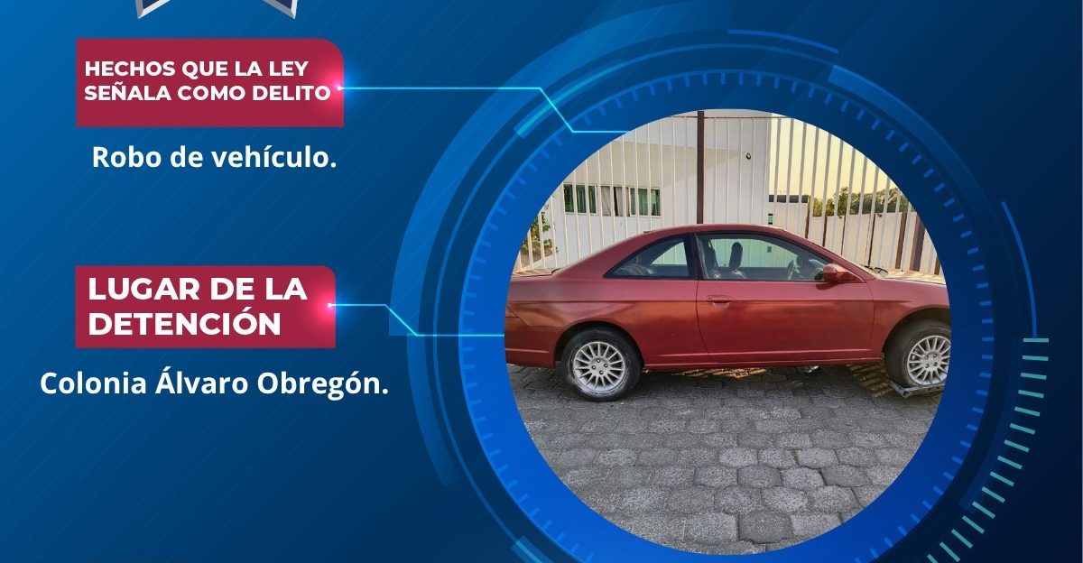 Rápida respuesta de la Policía de Atlixco permitió recuperar un vehículo robado en la colonia Álvaro Obregón