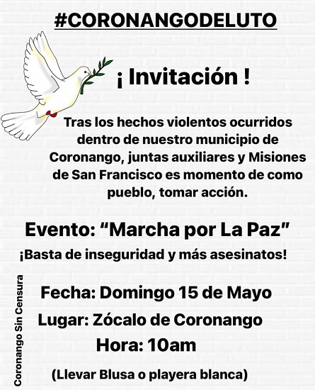 Preparan marcha para exigir un alto a los homicidios, levantones e inseguridad en Coronango