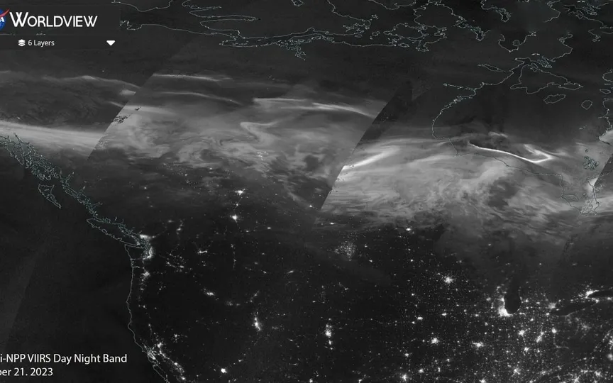 The image was created by adding six different layers in NASA Worldview and creating a composite that showcases the auroras across the high and mid-latitudes. (UW-Madison CIMSS/NASA Worldview)