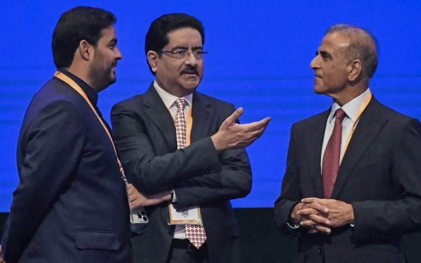 At the India Mobile Congress today, Reliance Jio launched India's first-ever satellite-based gigabit broadband called JioSpaceFiber. In the image, Bharti Enterprises Founder and Chairman Sunil Bharti Mittal, Reliance Jio Infocomm Ltd. Chairman Akash Ambani and Aditya Birla Group Chairman Kumar Mangalam Birla can be seen in a conversation. (Rahul Singh)