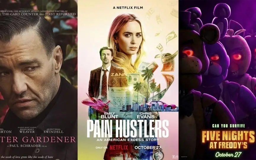 This combination of photos shows promotional art for "Master Gardener" streaming Oct. 26 on Hulu, left, "Pain Hustlers" streaming Oct. 27 on Netflix, center, and "Five Nights at Freddy's," streaming Oct. 27 on Peacock. (AP)