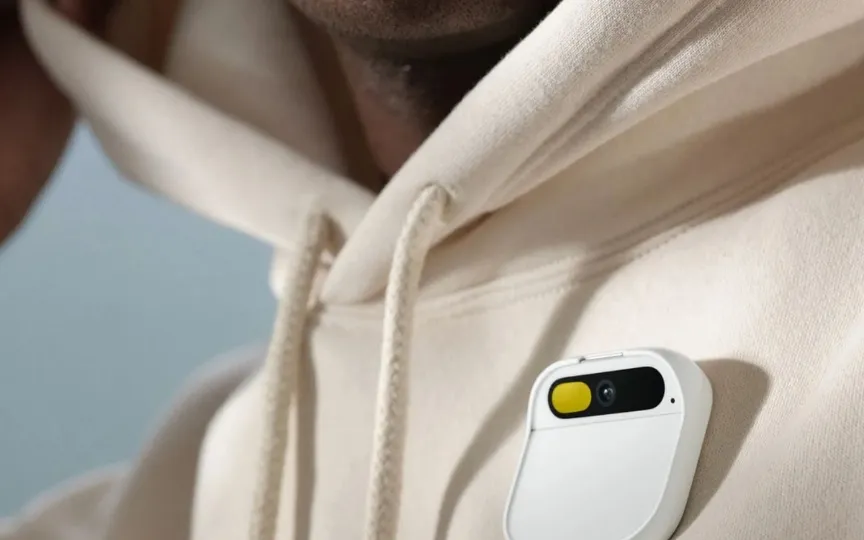 The Humane Ai Pin device is wearable in two parts: a square device and a battery pack that magnetically attaches to your clothes or other surfaces