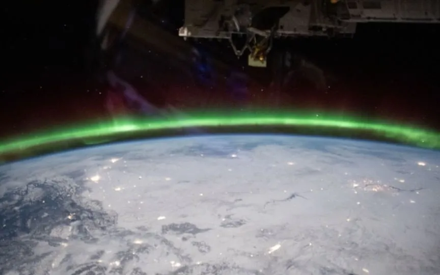 NASA has shared a a mesmerising image of an aurora's celestial dance above Utah that was snapped from the from the International Space Station after a solar storm. (NASA)
