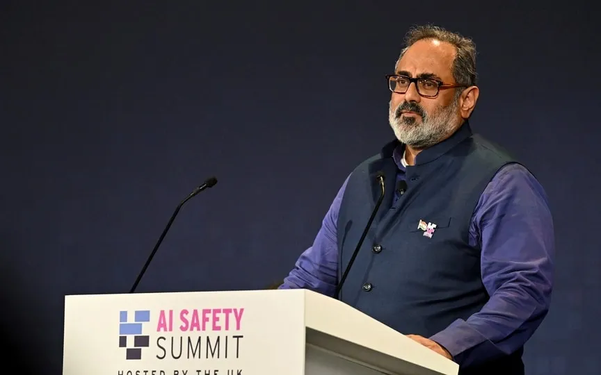 India's technology minister Rajeev Chandrasekhar speaks during the first plenary session on of the AI Safety Summit at Bletchley Park, on Wednesday, Nov. 1, 2023 in Bletchley, England. (AP)
