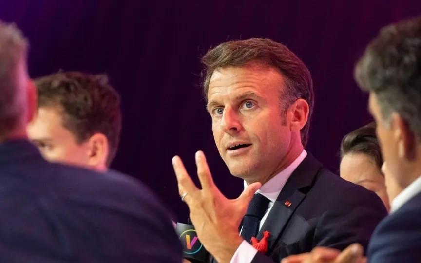 Emmanuel Macron, France's president, speaks at the Viva Tech fair in Paris, France, on Wednesday, June 14, 2023. (Bloomberg)