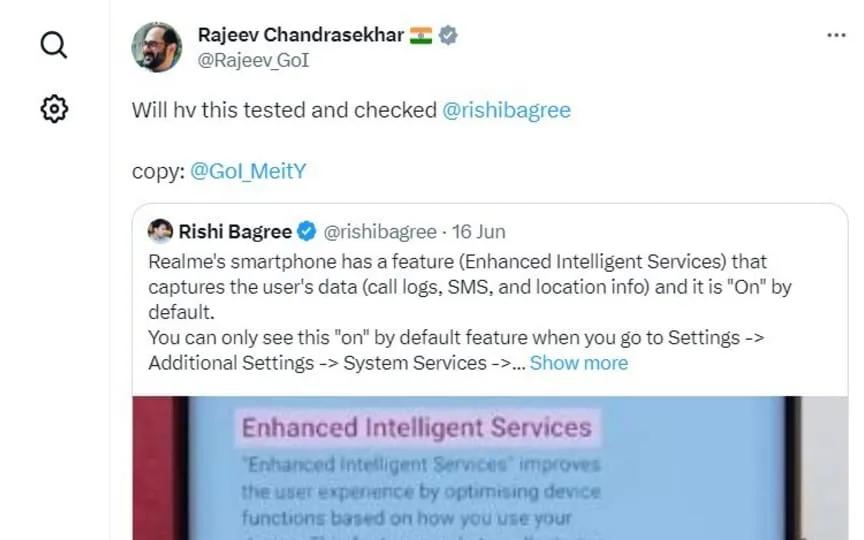 The Realme user data capturing feature was spotlighted first by an Indian Twitter user. (SS)