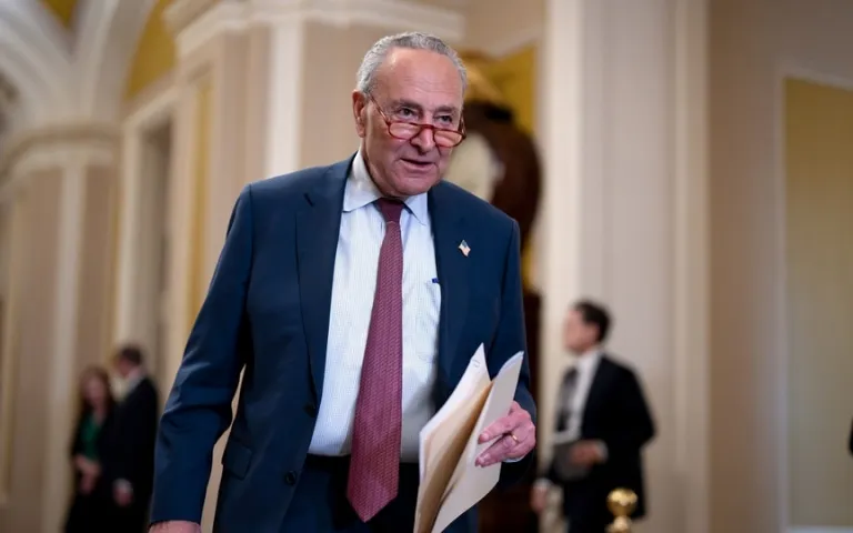 Senate Majority Leader Chuck Schumer, D-N.Y., arrives to talk to reporters about artificial intelligence, during a news conference after a closed-door meeting with fellow Democrats, at the Capitol in Washington, Wednesday, June 21, 2023. (AP)