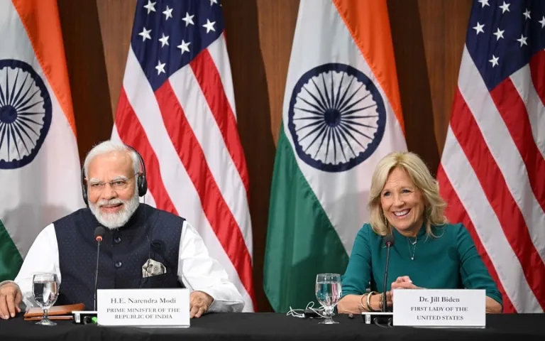 PM Narendra Modi, accompanied by US First Lady Jill Biden, also called upon the need to build a robust India-USA partnership to empower young entrepreneurs. (AFP)