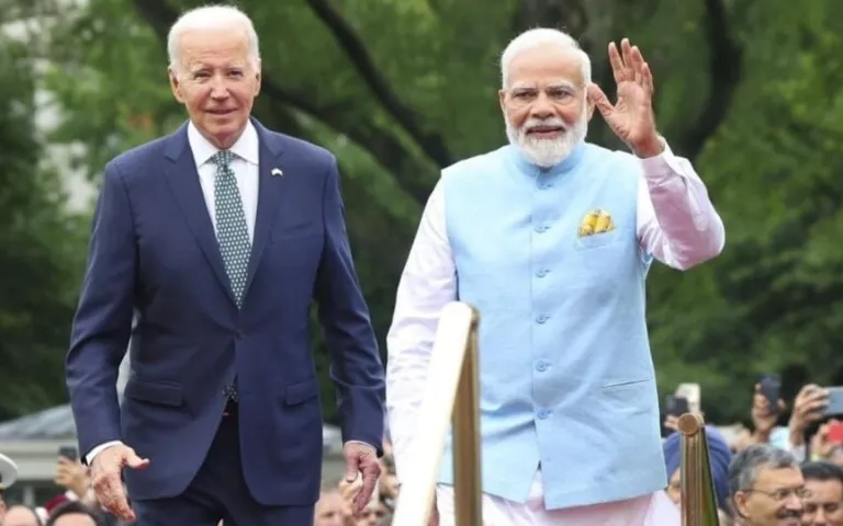 PM Narendra Modi with US President Joe Biden during the State Arrival Ceremony on the South Lawn of the White House, in Washington DC, (PTI)