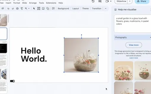 Google has started rolling out a Image generation feature in Google Slides called 'Help Me Visualise.' This feature will help users generate backgrounds and images for their Google Slides presentation projects.