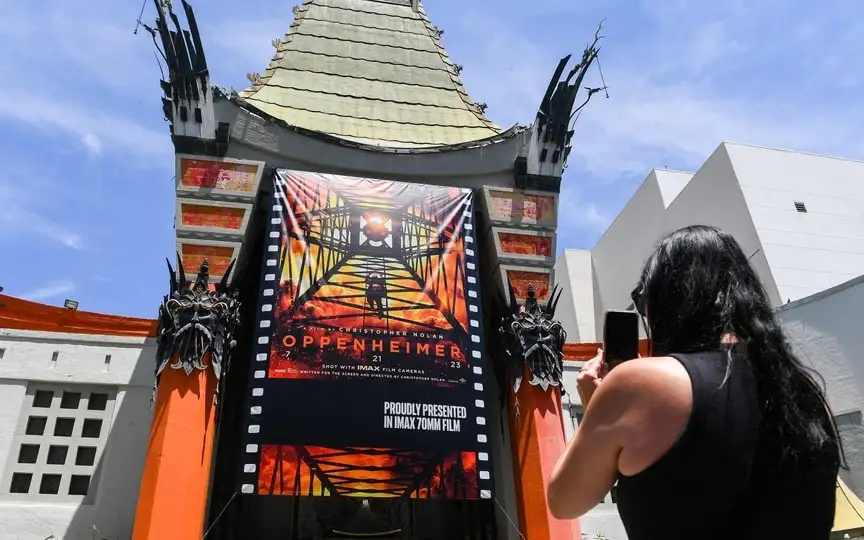 Banners for director Christopher Nolan's new film, Oppenheimer, are seen on the Chinese Theater. (AFP)