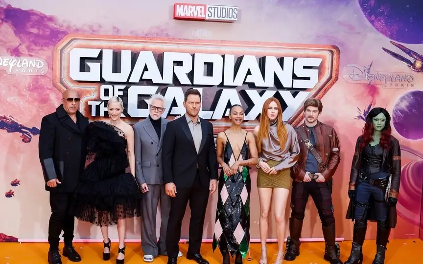 Guardians of the Galaxy Vol. 3 cast at Disneyland Paris Saturday, April 22, 2023, in Chessy Marne La Vallee, east of Paris. (AP)