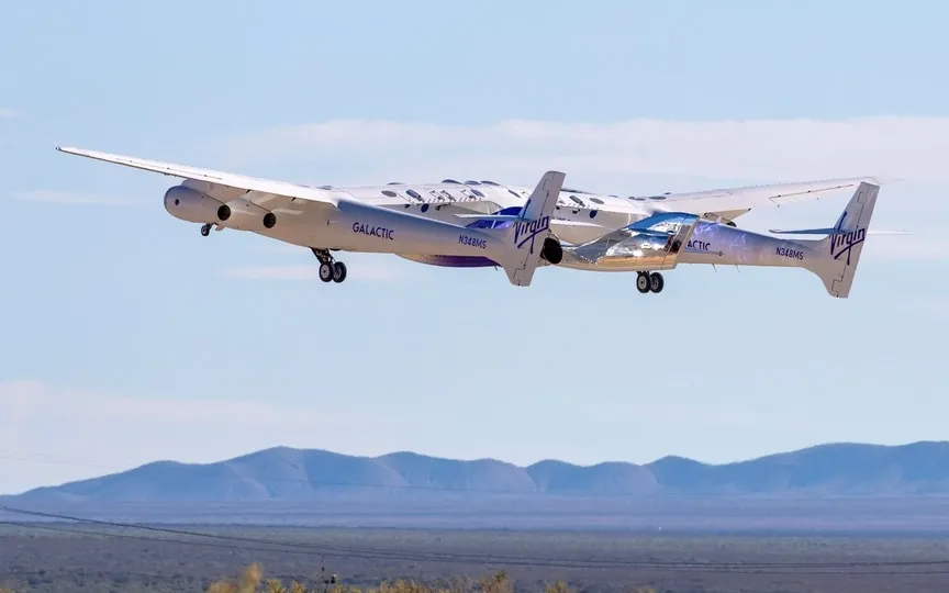 Virgin Galactic's mothership Eve, carrying the rocket-powered plane Unity 22, takes off from Spaceport America, near Truth or Consequences, N.M., Thursday, Aug. 10, 2023. Virgin Galactic is taking its first space tourists on a long-delayed rocket ship ride. (AP)