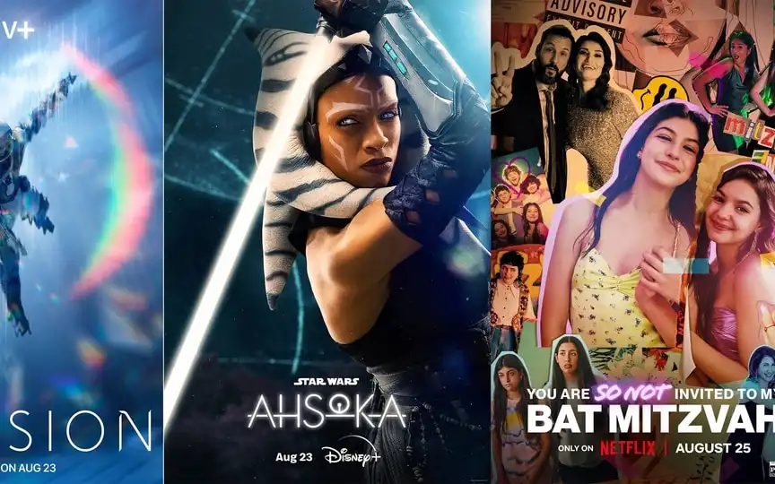 This combination of images shows promotional art for the second season of "Invasion," premiering Aug. 23 on Apple TV+, left, “Star Wars: Ahsoka," a new series premiering Aug. 23 on Disney+ and "You Are So Not Invited to My Bat Mitzvah,” a film streaming Aug. 25 on Netflix. (AP)