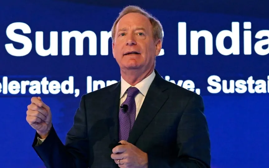 Microsoft President Brad Smith addresses the session on 'Preparing the World on Global Cyber Security Risks' during the B20 Summit 2023, in New Delhi. (Mohd Zakir)