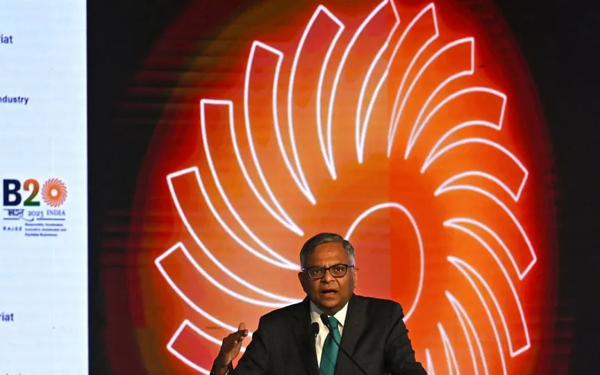 B20 summit India Chair, Natarajan Chandrasekaran addresses the gathering on the first day of the three-day B20 Summit in New Delhi. (AFP)