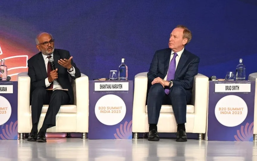 Shantanu Narayen (C), Chairman and CEO of Adobe Systems addresses the gathering on the first day of the three-day B20 Summit in New Delhi. (AFP)