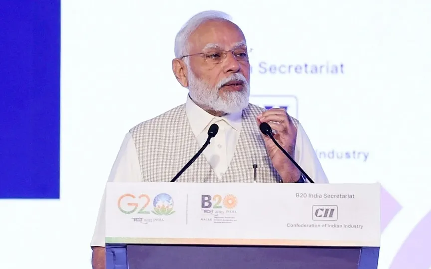 Prime Minister Narendra Modi addresses at the B20 Summit India 2023, in New Delhi on Sunday. (PIB)