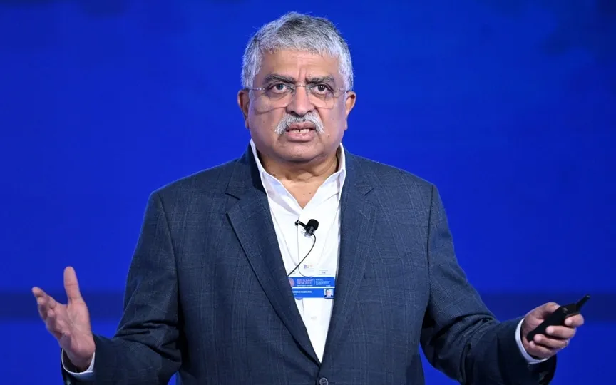 Nandan Nilekani, Chairman and Co-Founder of Infosys and Founding Chairman of UIDAI (Aadhaar), addresses the gathering on the third day of the three-day B20 Summit in New Delhi on August 27, 2023. (AFP)