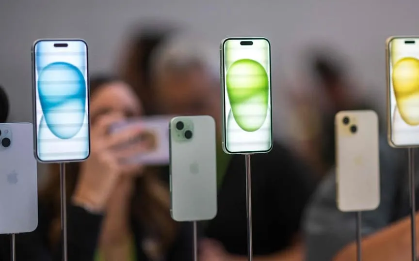 Apple iPhone Series 9 models are displayed amongst other new products during a launch event at Apple Park in Cupertino, California, on September 12, 2023. (AFP)