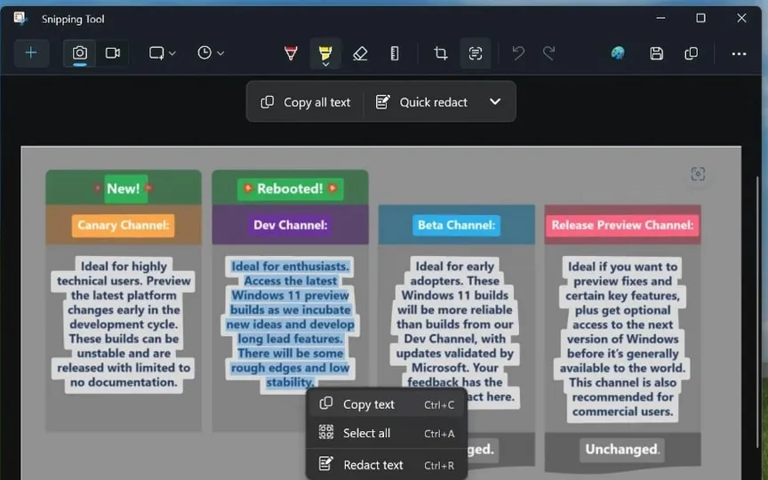 The OCR support for the snipping tool in Windows 11 means every time a user takes a screenshot, they will be able to directly copy text from within it. (Windows)