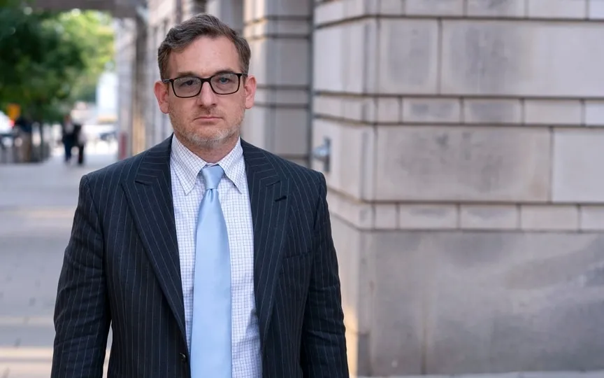 DuckDuckGo founder and CEO Gabriel Weinberg walks from the U.S. Federal Courthouse, Thursday, Sept. 21, 2023 in Washington. (AP)