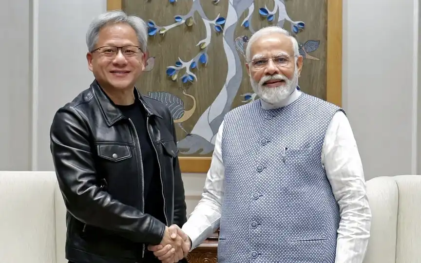 Prime Minister Narendra Modi meets with Jensen Huang, the CEO of NVIDIA, in New Delhi on Monday. (ANI Photo) (Narendra Modi twitter)