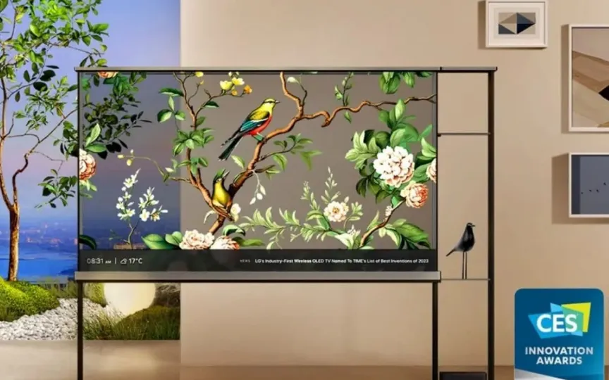 LG's new Signature T OLED TV features a transparent contrast layer on the front of the panel. If you pull the layer down using a remote, the TV becomes transparent, providing users with a unique experience.