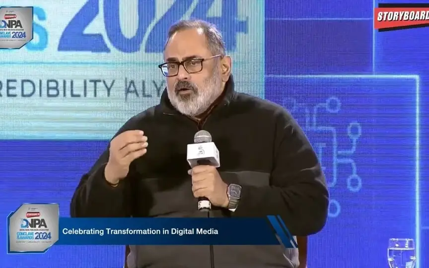 Asymmetry between digital publishers and big tech platforms is a concern for the government, Union Minister Rajeev Chandrasekhar said at the DNPA event. (YouTube (Storyboard18))